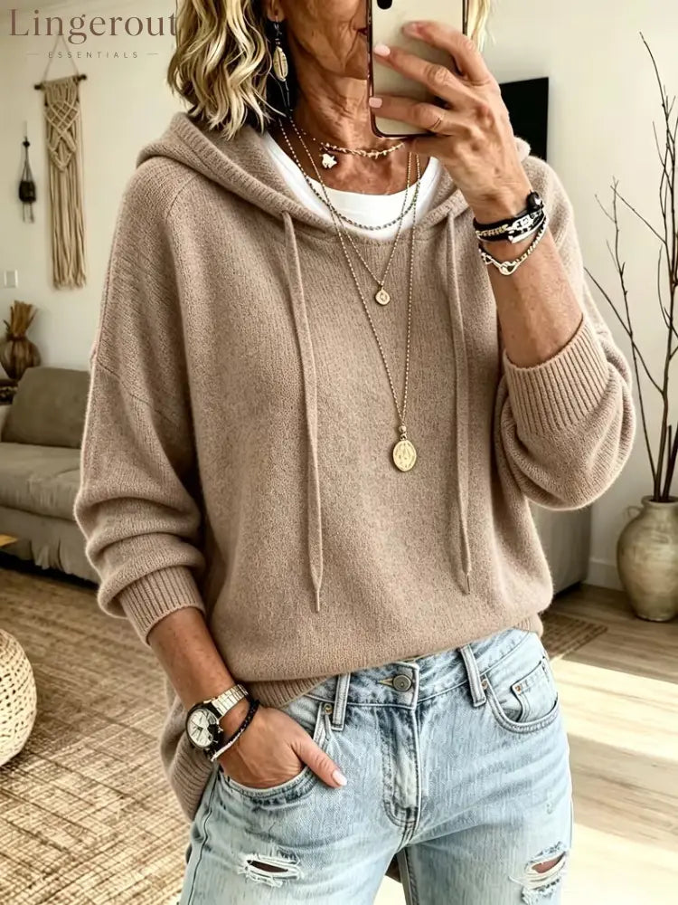 Soft Knit Drawstring Hooded Long Sleeve Pullover Sweater - Khaki / S