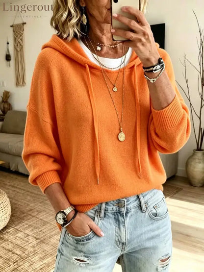 Soft Knit Drawstring Hooded Long Sleeve Pullover Sweater - Orange / S