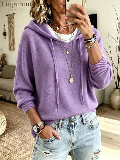 Soft Knit Drawstring Hooded Long Sleeve Pullover Sweater - Purple / S