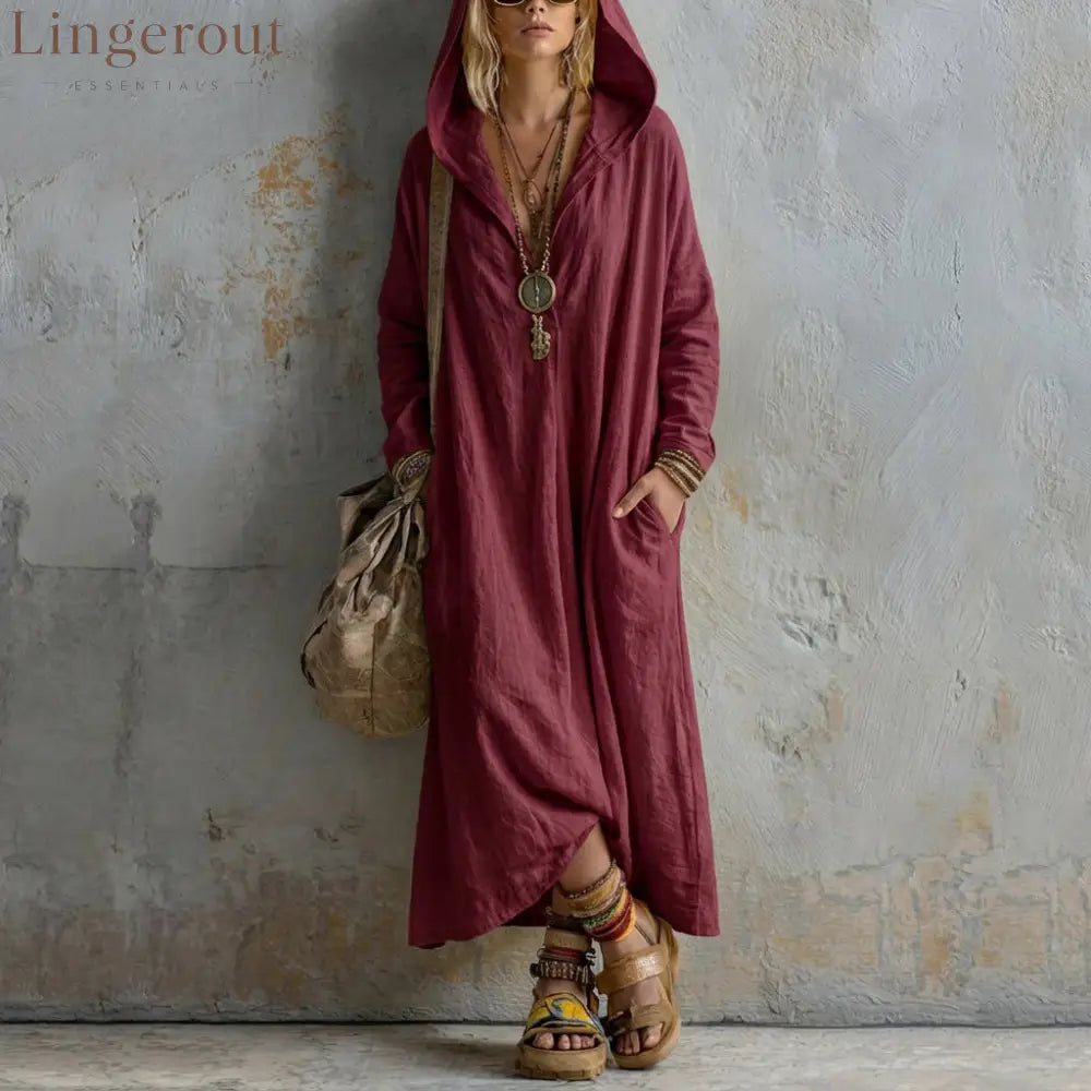 Soft Linen Hooded Maxi Kaftan Dress | Loose Boho Long Sleeve Cover Up - Burgundy / S