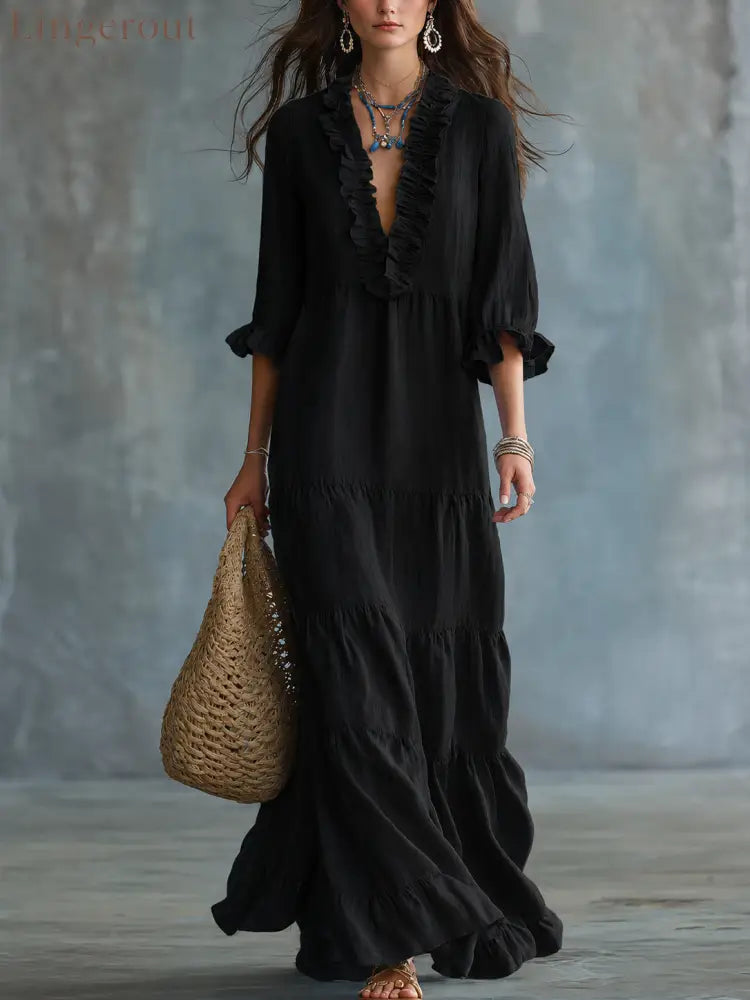 Soft Sky Blue Bohemian Ruffled Maxi Dress - Black / XS - Maxi Dress