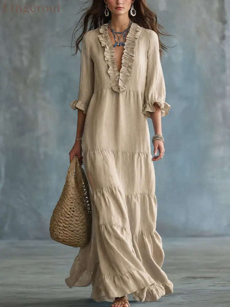 Soft Sky Blue Bohemian Ruffled Maxi Dress - Khaki / XS - Maxi Dress