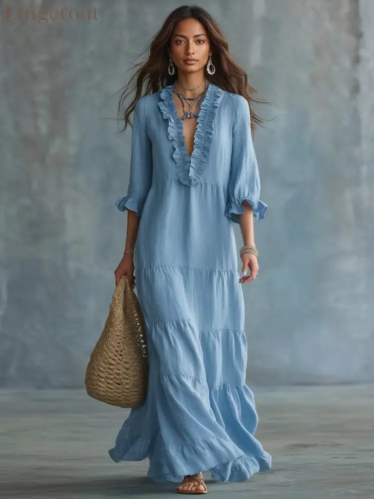 Soft Sky Blue Bohemian Ruffled Maxi Dress - Blue / XS - Maxi Dress