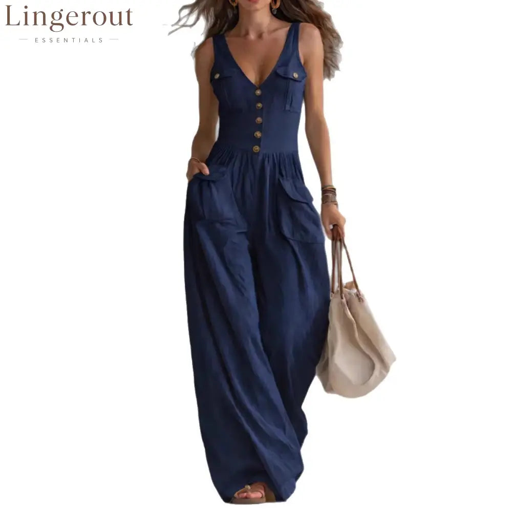 Solid Color Button Pocket Loose Casual Suspender Jumpsuit For Women