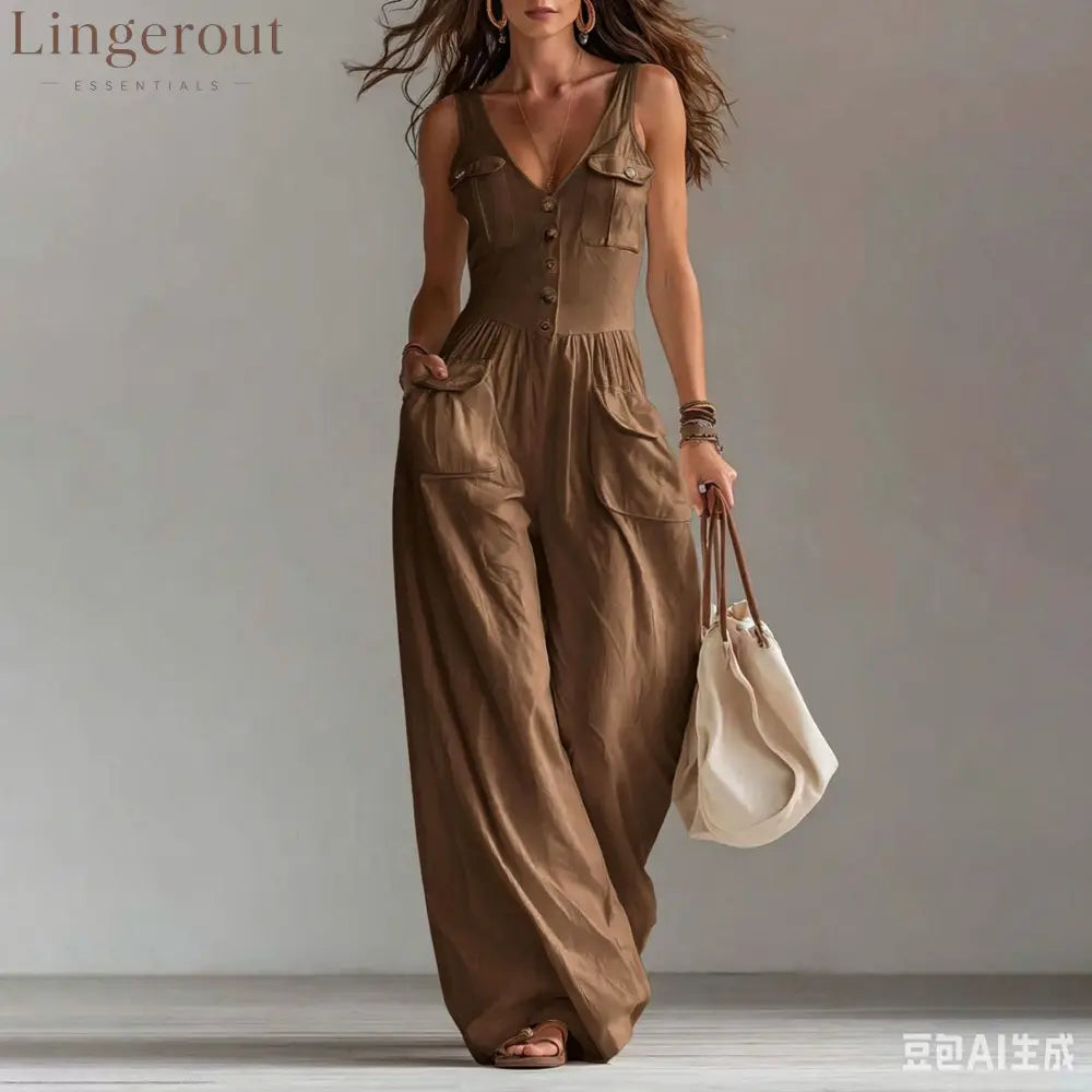Solid Color Button Pocket Loose Casual Suspender Jumpsuit For Women - Dark brown / S