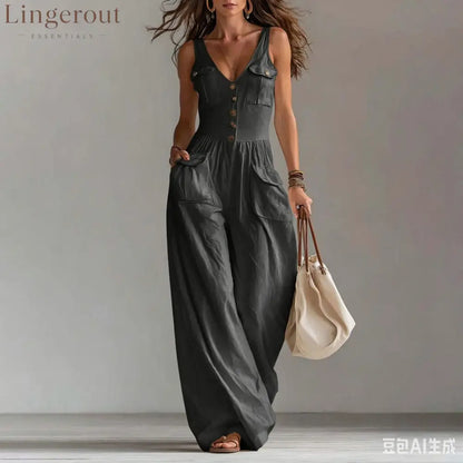 Solid Color Button Pocket Loose Casual Suspender Jumpsuit For Women - Dark gray / S