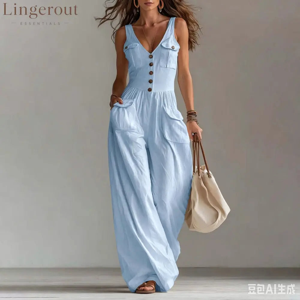 Solid Color Button Pocket Loose Casual Suspender Jumpsuit For Women - Light blue / S