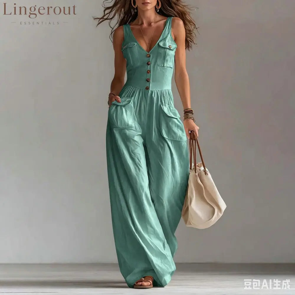 Solid Color Button Pocket Loose Casual Suspender Jumpsuit For Women - Light green / S