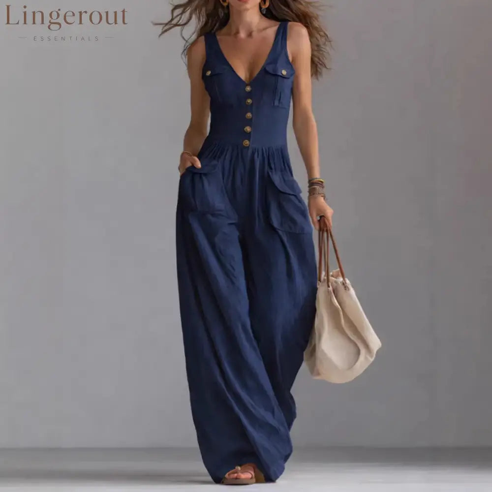 Solid Color Button Pocket Loose Casual Suspender Jumpsuit For Women - Navy blue / S