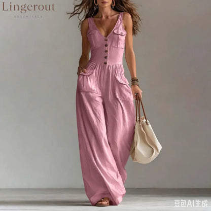 Solid Color Button Pocket Loose Casual Suspender Jumpsuit For Women - Pink / S