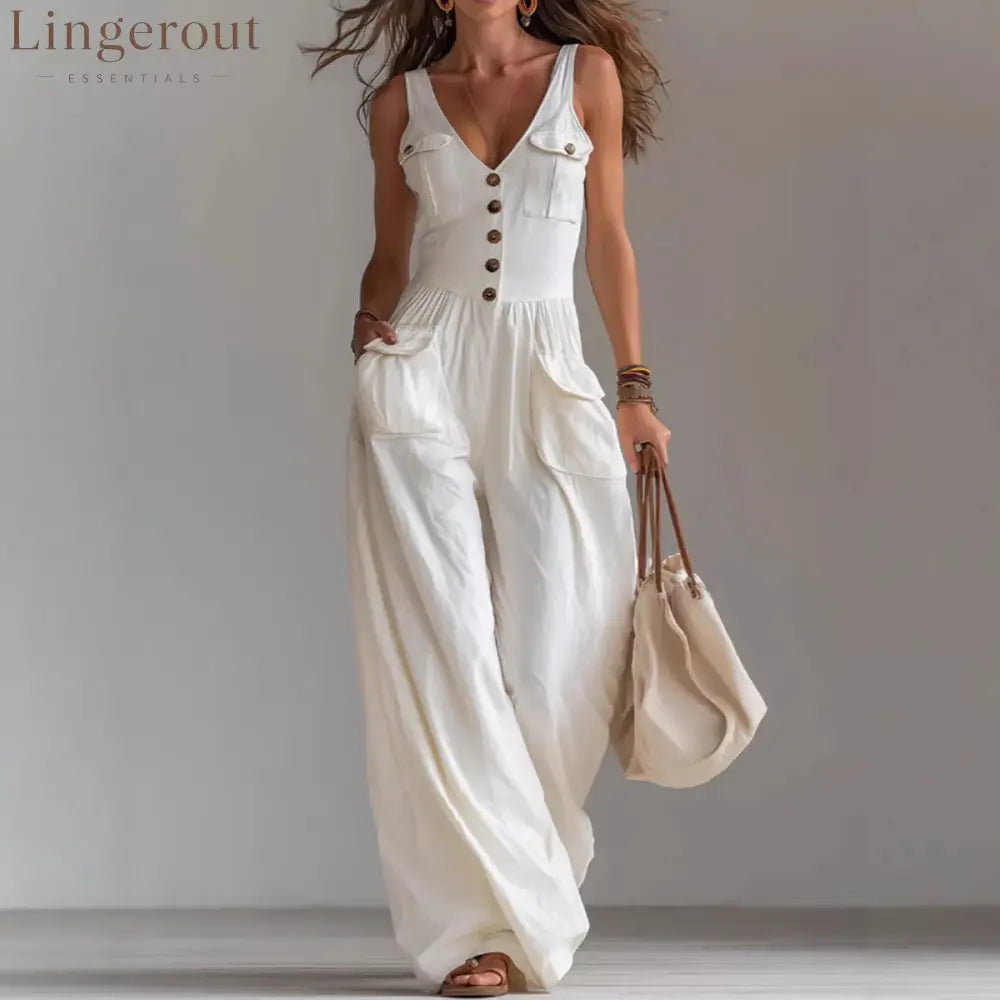 Solid Color Button Pocket Loose Casual Suspender Jumpsuit For Women - White / S