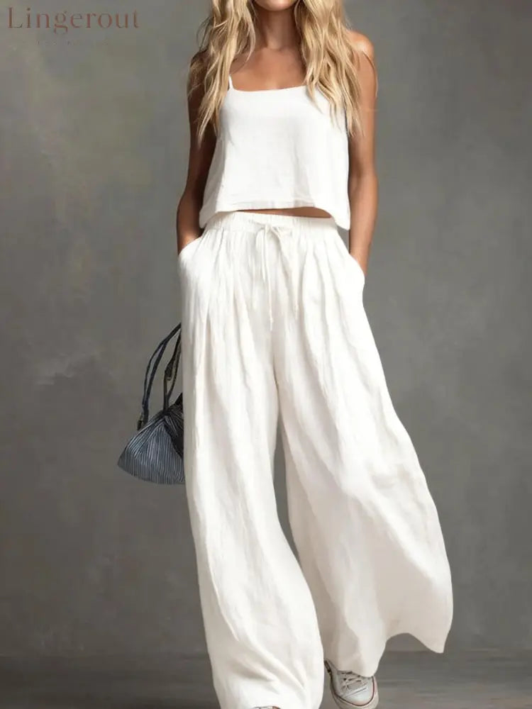 Solid Color Casual Cotton And Linen Suspender Tops Wide-Leg Pants Suit - White / S