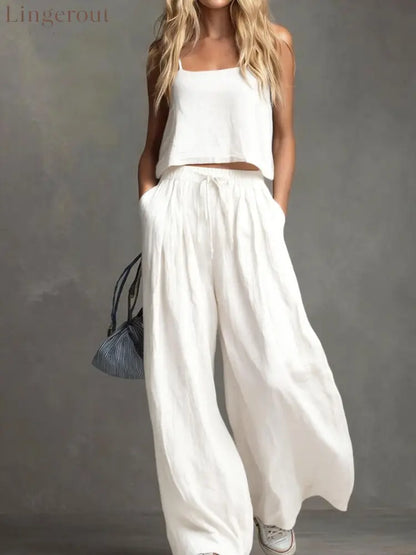 Solid Color Casual Cotton And Linen Suspender Tops Wide-Leg Pants Suit - White / S
