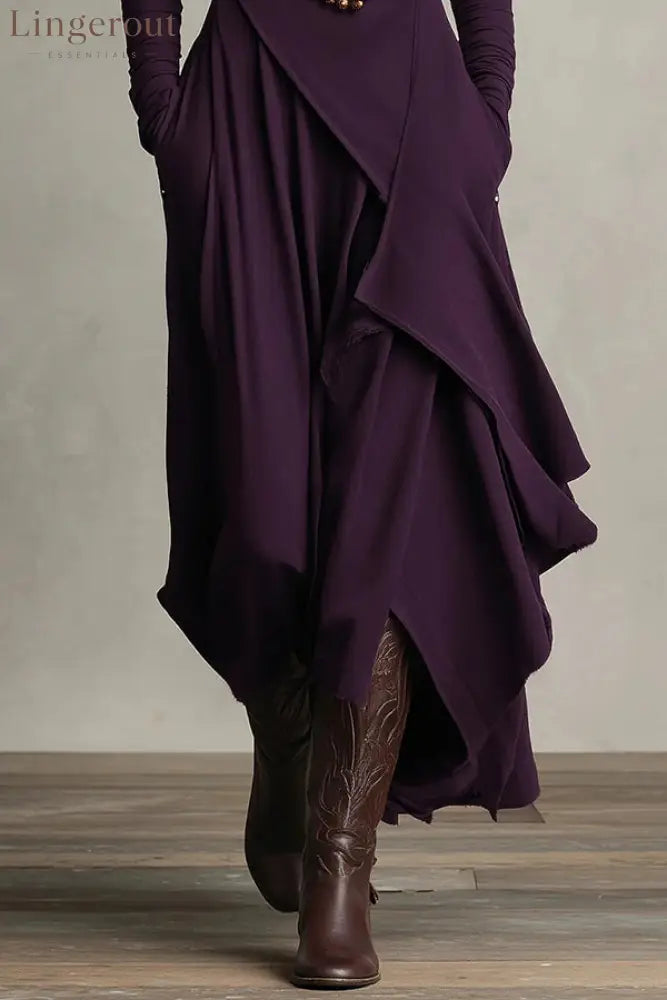 Solid Color High-neck Long-sleeved Irregular Casual Maxi Dress
