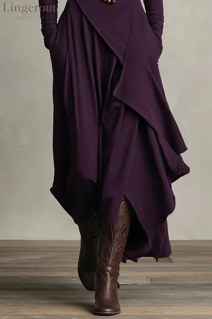 Solid Color High-neck Long-sleeved Irregular Casual Maxi Dress