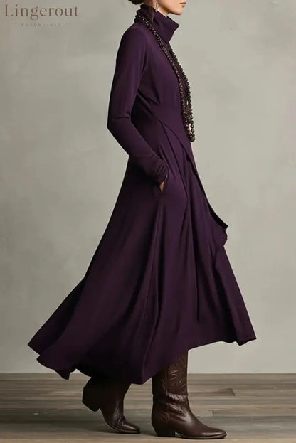 Solid Color High-neck Long-sleeved Irregular Casual Maxi Dress