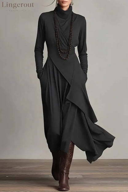 Solid Color High-neck Long-sleeved Irregular Casual Maxi Dress - Black / S