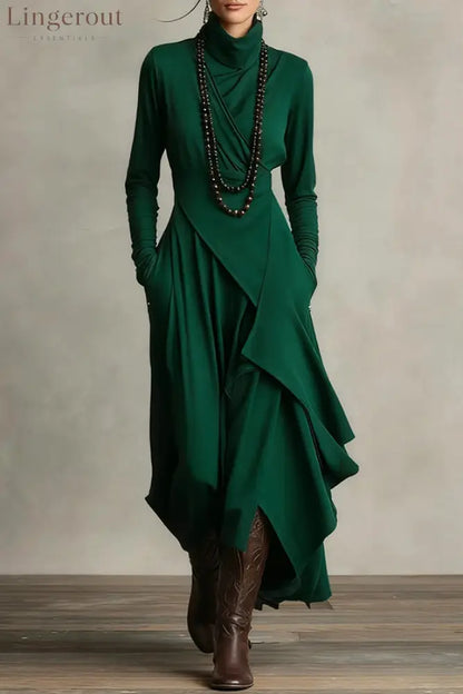 Solid Color High-neck Long-sleeved Irregular Casual Maxi Dress - Blackish Green / S
