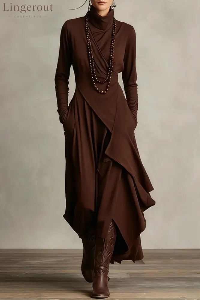 Solid Color High-neck Long-sleeved Irregular Casual Maxi Dress - Brown / S