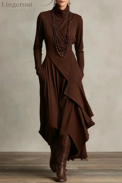 Solid Color High-neck Long-sleeved Irregular Casual Maxi Dress - Brown / S