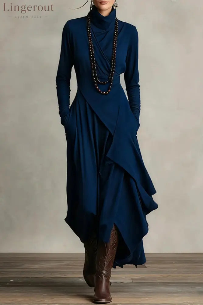 Solid Color High-neck Long-sleeved Irregular Casual Maxi Dress - Dark Bule / S