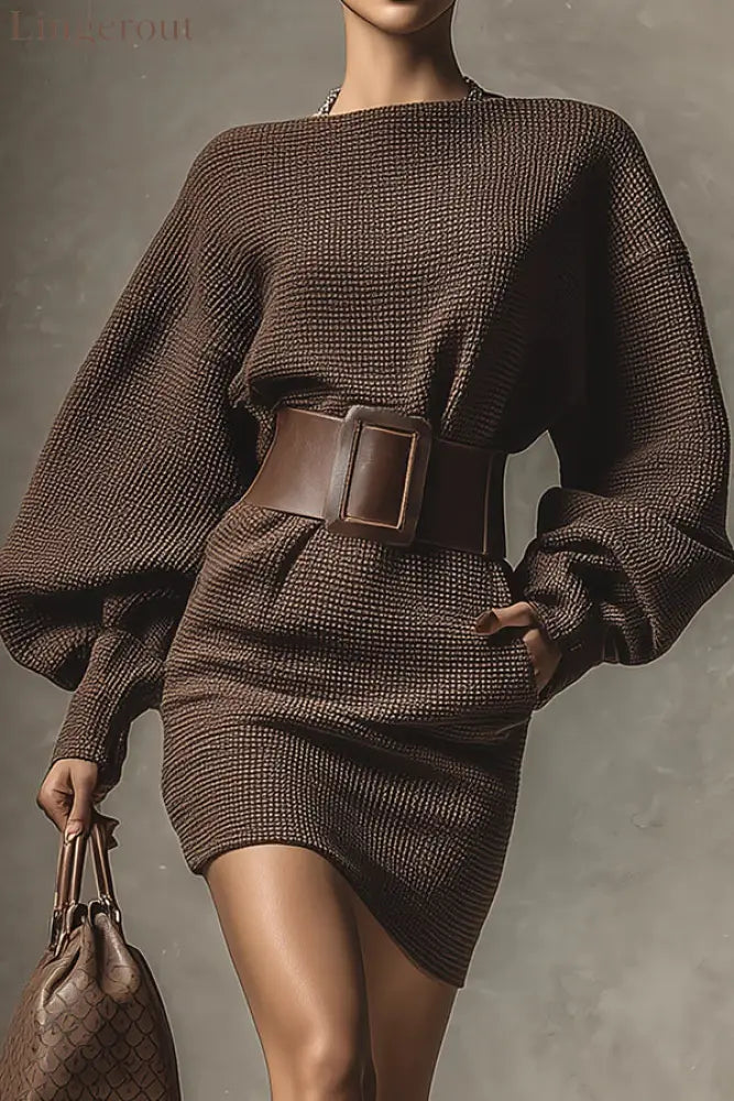 Solid Color Lantern Sleeve High Waist Belted Knitted Mini Dress - Brown / S