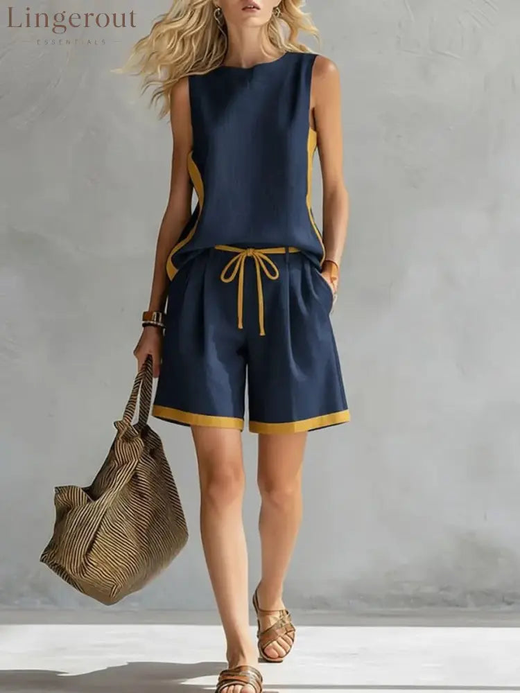 Solid Color Loose Casual Vest and Shorts Set - Navy Blue / S
