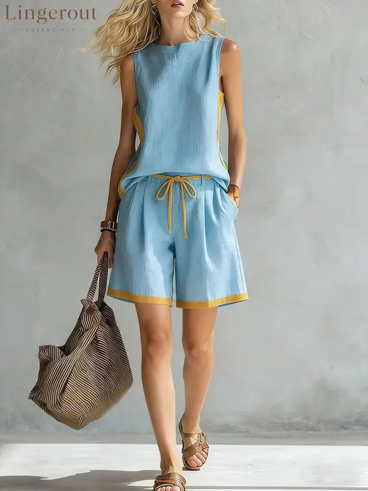 Solid Color Loose Casual Vest and Shorts Set - Sky Blue / S