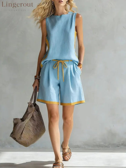 Solid Color Loose Casual Vest and Shorts Set - Sky Blue / S