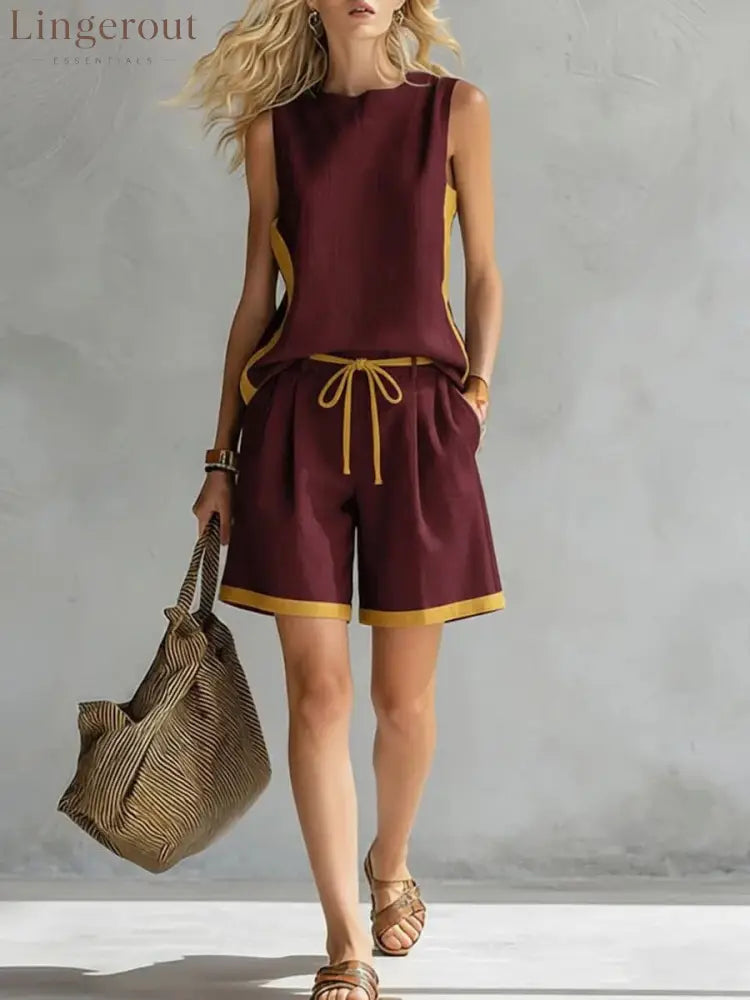Solid Color Loose Casual Vest and Shorts Set - Wine Red / S