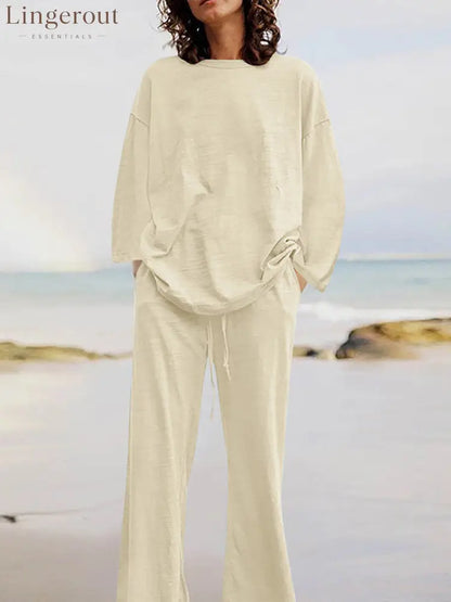 Solid Color Loose Long Sleeves Round-Neck Shirts Top + Drawstring Pants Bottom Two Pieces Set
