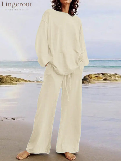 Solid Color Loose Long Sleeves Round-Neck Shirts Top + Drawstring Pants Bottom Two Pieces Set - beige / S