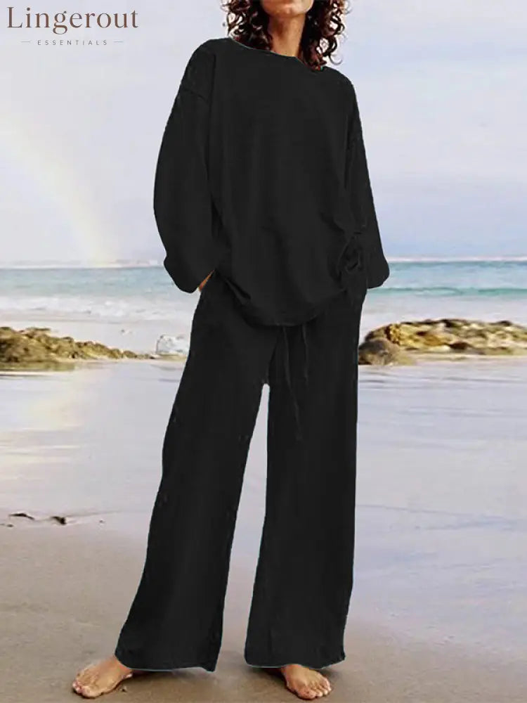 Solid Color Loose Long Sleeves Round-Neck Shirts Top + Drawstring Pants Bottom Two Pieces Set - BLACK / S