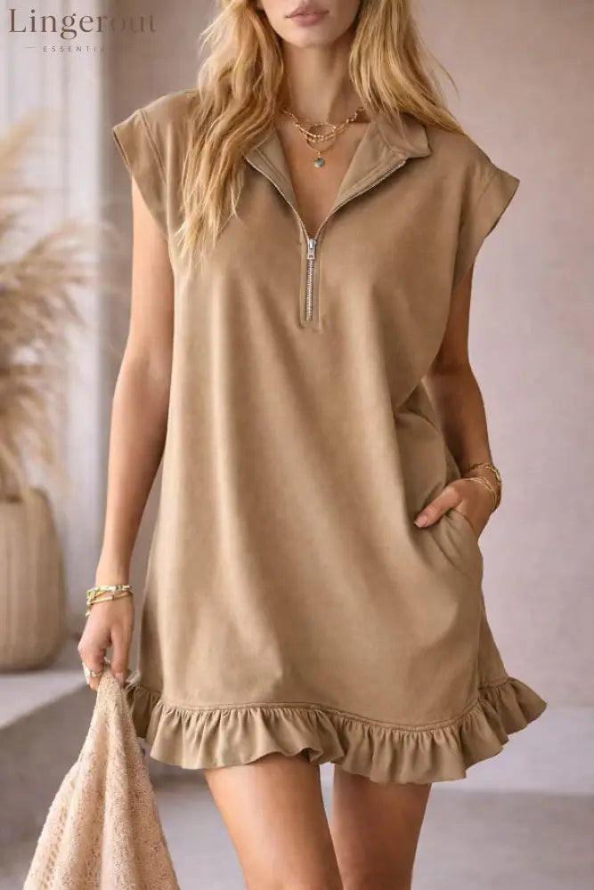 Solid Color Loose Sleeveless Pocket Casual Ruffle Mini Dress - Khaki / XS