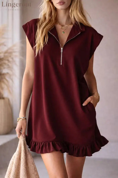Solid Color Loose Sleeveless Pocket Casual Ruffle Mini Dress - Wine Red / XS