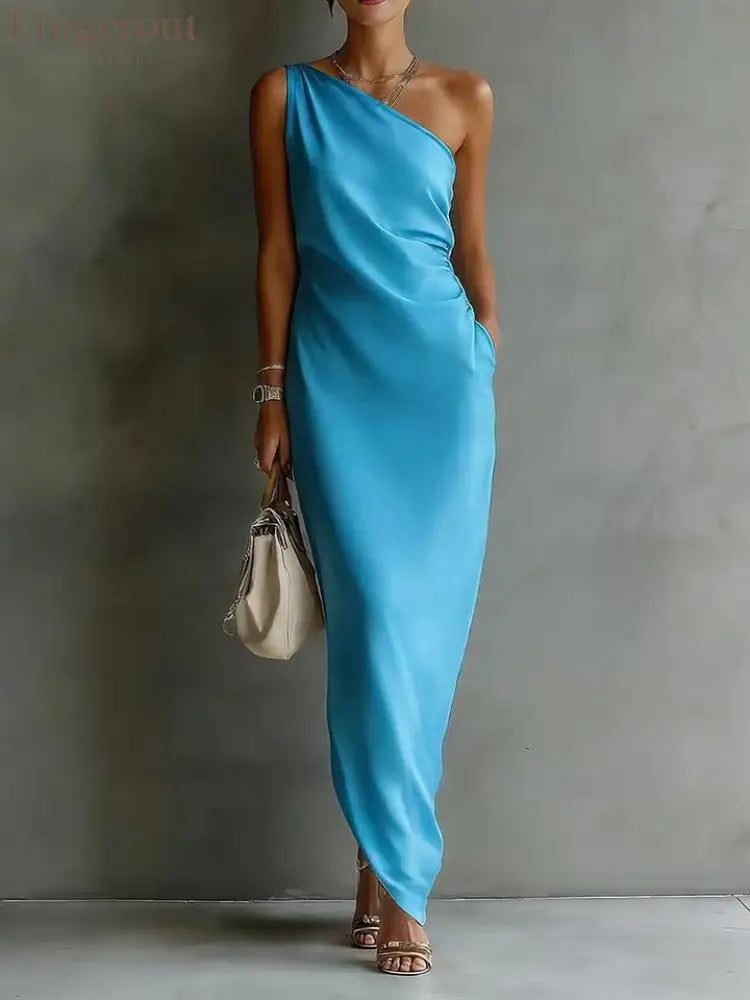 Solid Color Satin Slant Shoulder Drape Slim Long Dress - Sky blue / S