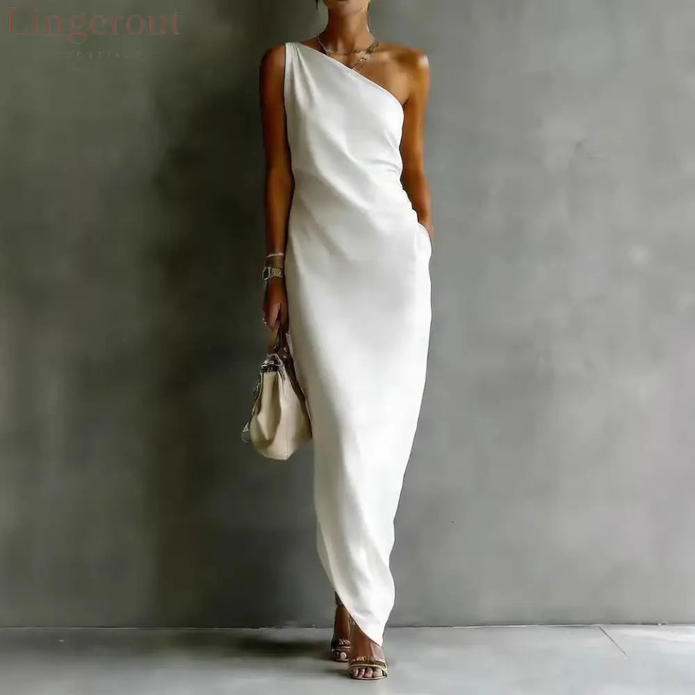 Solid Color Satin Slant Shoulder Drape Slim Long Dress - White / S