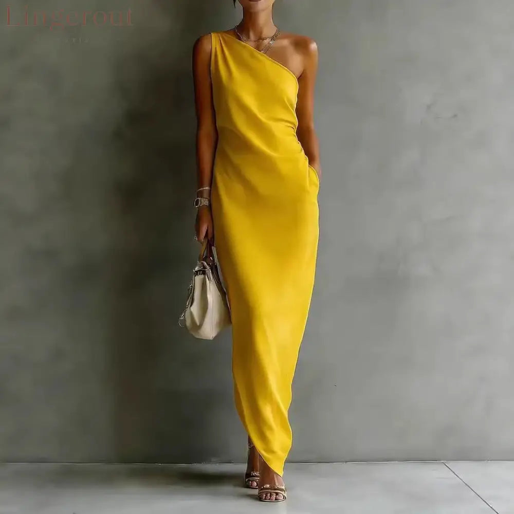 Solid Color Satin Slant Shoulder Drape Slim Long Dress - Yellow / S
