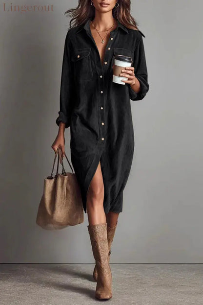Solid Color Single-Breasted Pocket Casual Shirt-Style Midi Dress - Black / XS