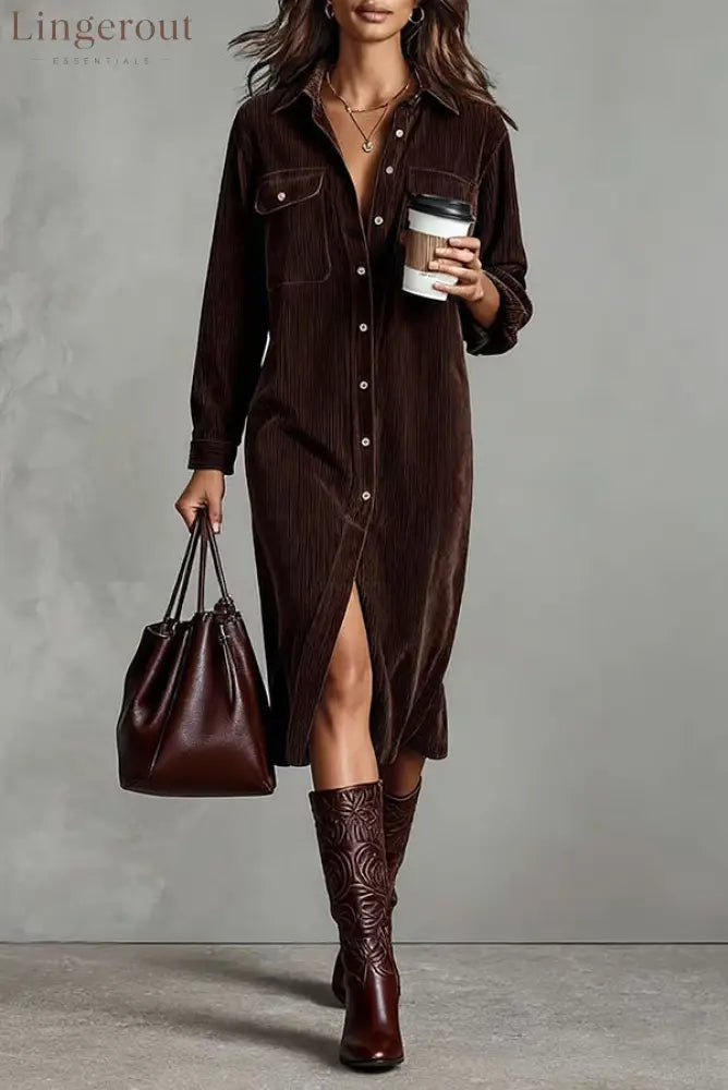 Solid Color Single-Breasted Pocket Casual Shirt-Style Midi Dress - Brown / XS
