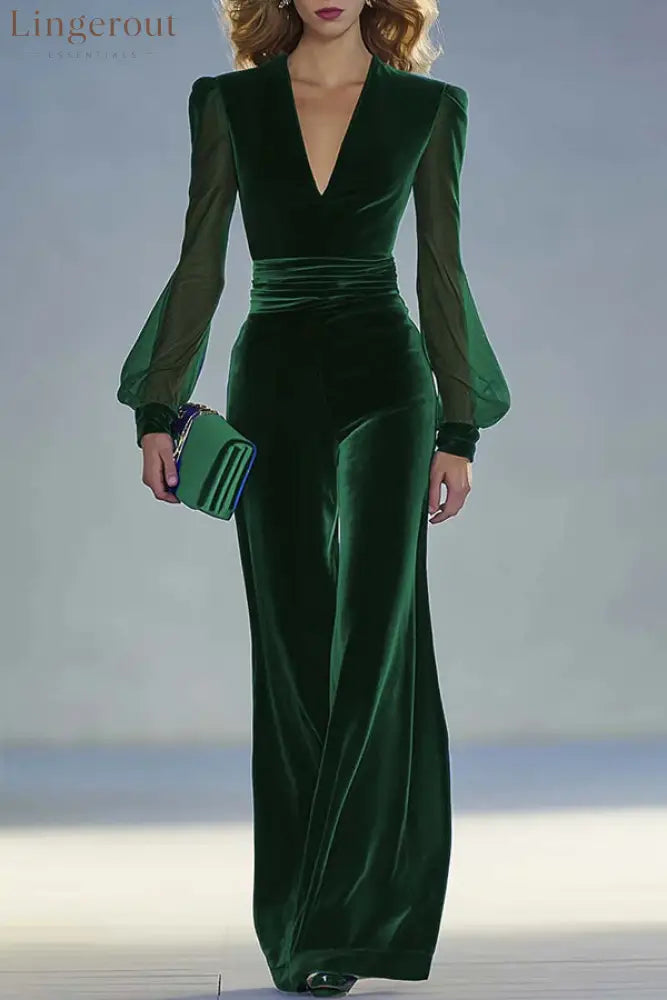 Solid Color Velvet V-neck Long-sleeved Elegant Fitted Jumpsuit - Green / XS