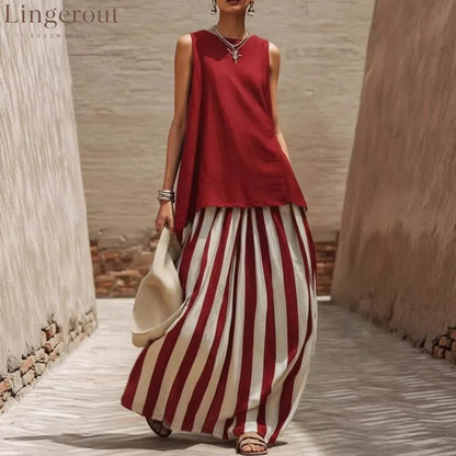 Solid Tank Top Striped Maxi Skirt Matching Set