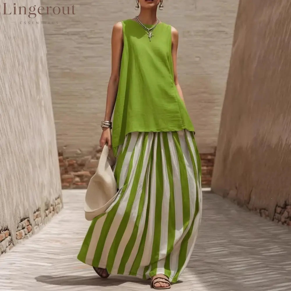 Solid Tank Top Striped Maxi Skirt Matching Set