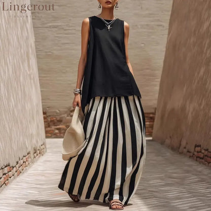 Solid Tank Top Striped Maxi Skirt Matching Set