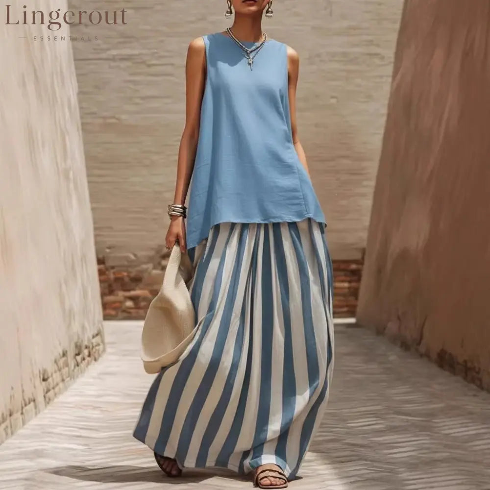Solid Tank Top Striped Maxi Skirt Matching Set