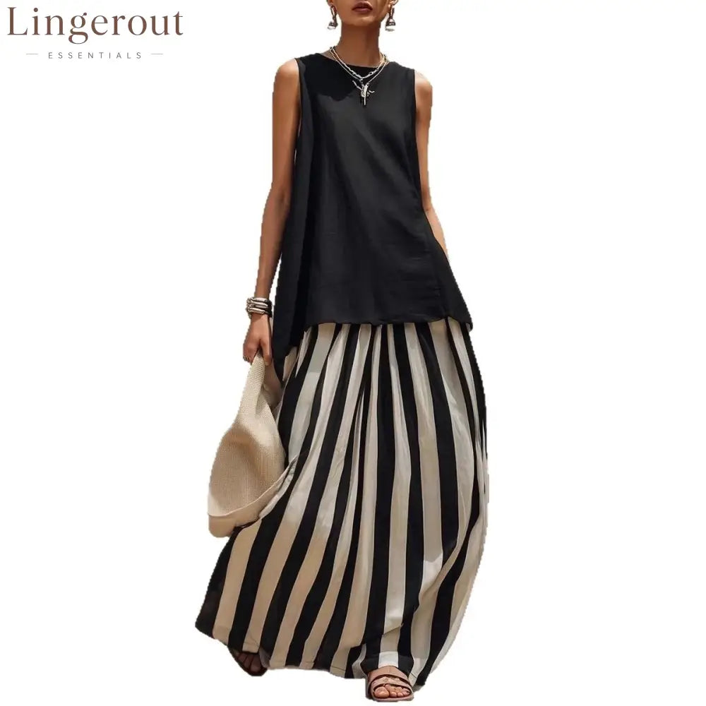 Solid Tank Top Striped Maxi Skirt Matching Set