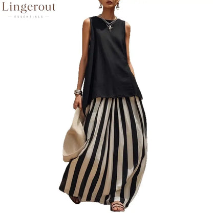 Solid Tank Top Striped Maxi Skirt Matching Set