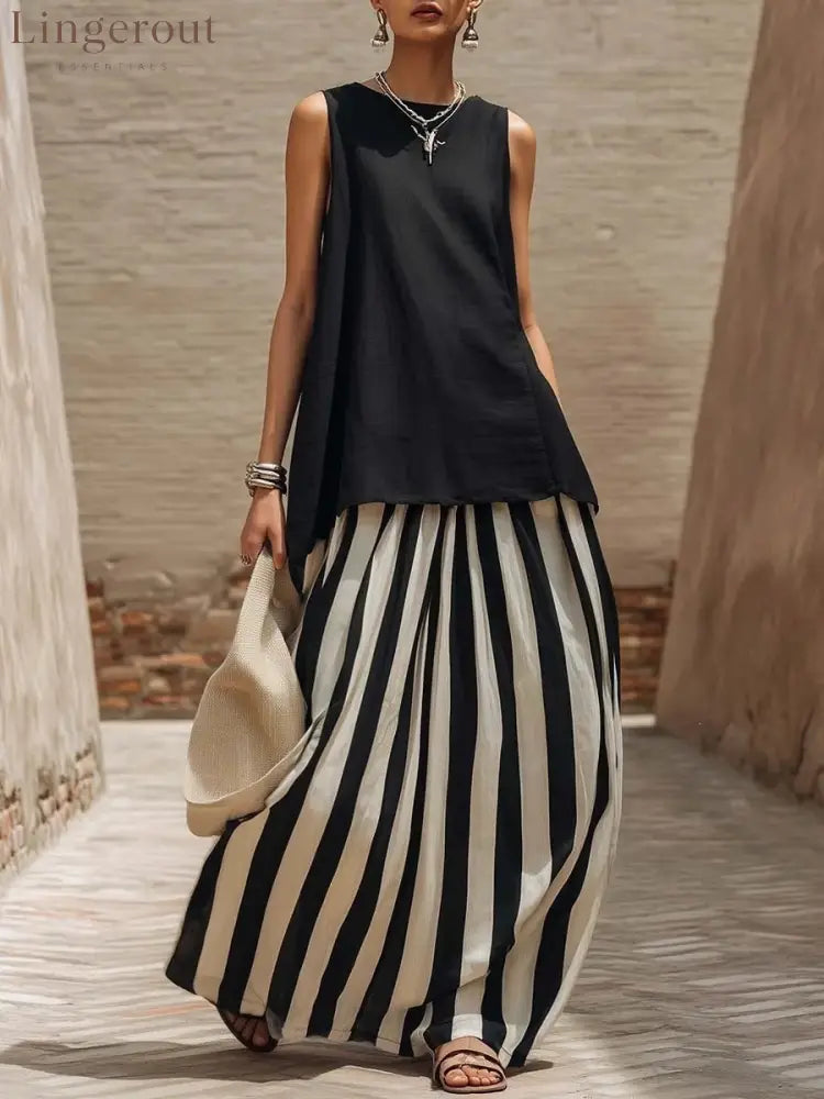 Solid Tank Top Striped Maxi Skirt Matching Set - Black / S