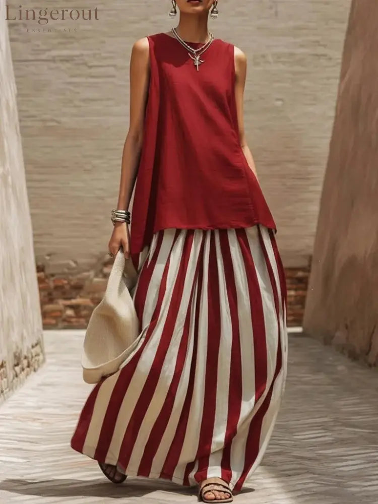 Solid Tank Top Striped Maxi Skirt Matching Set - Claret / S