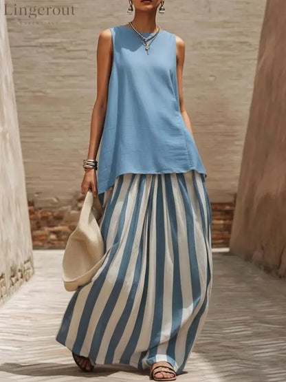 Solid Tank Top Striped Maxi Skirt Matching Set - Sky blue / S